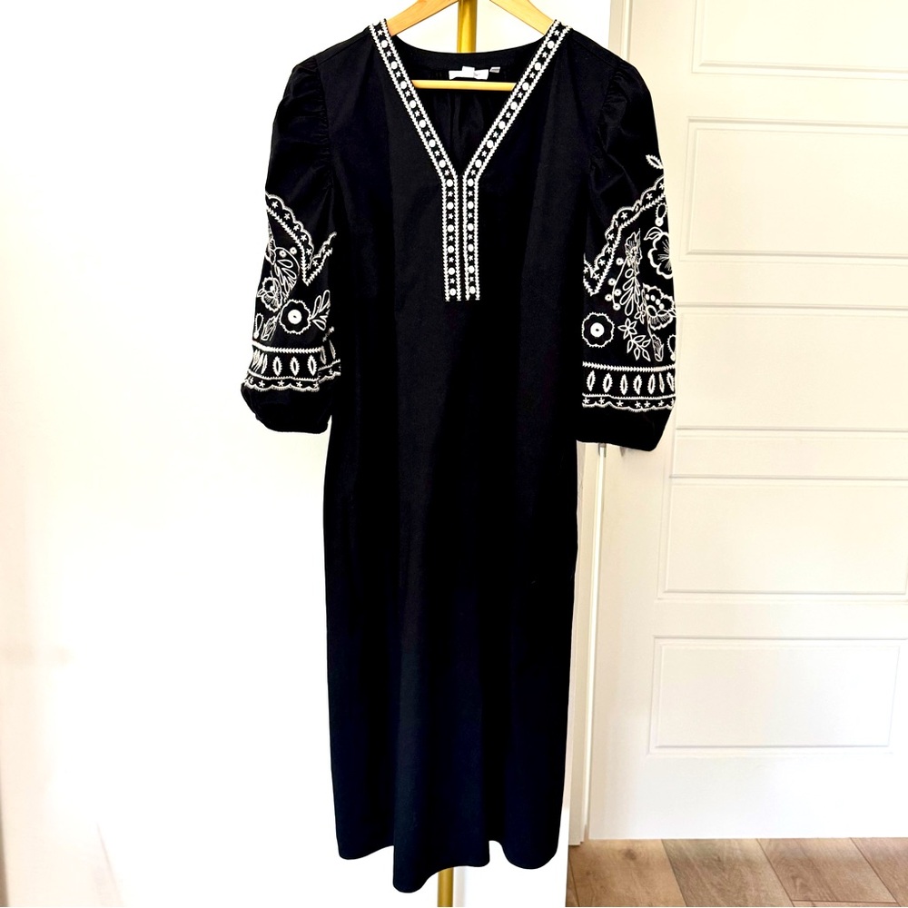 Black V Neck‎ Midi Dress White Embroidery Sleeves XL Boho Chic Cottagecore Noir